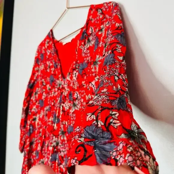 ba&sh Women's Red Floral Boho Babydoll Floral Print Smocked Mini Dress Size 2